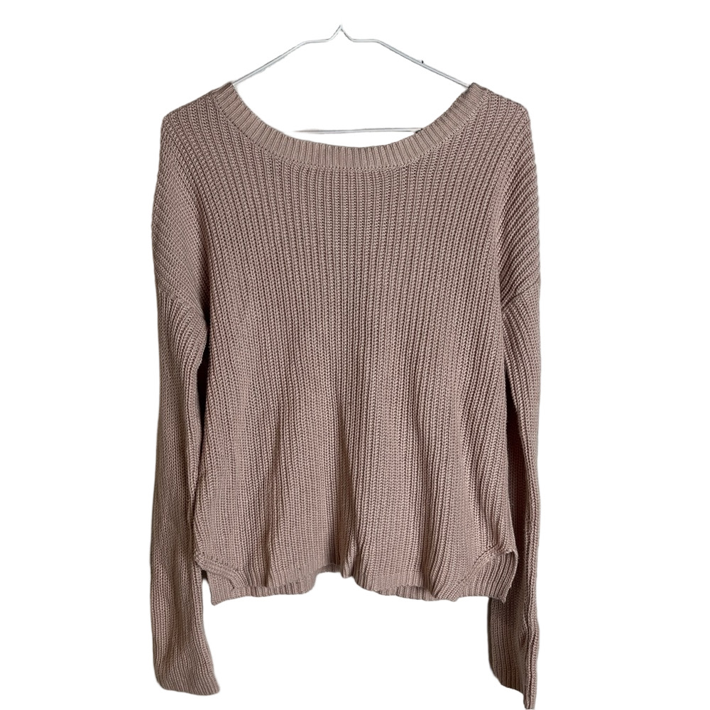 Pastel Pink Crew Neck Sweater Oversized Lace Up Tie Back Soft Knit Coquette XS